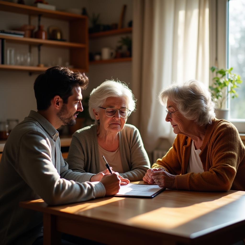 Famiglia italiana che discute di sicurezza finanziaria insieme a casa